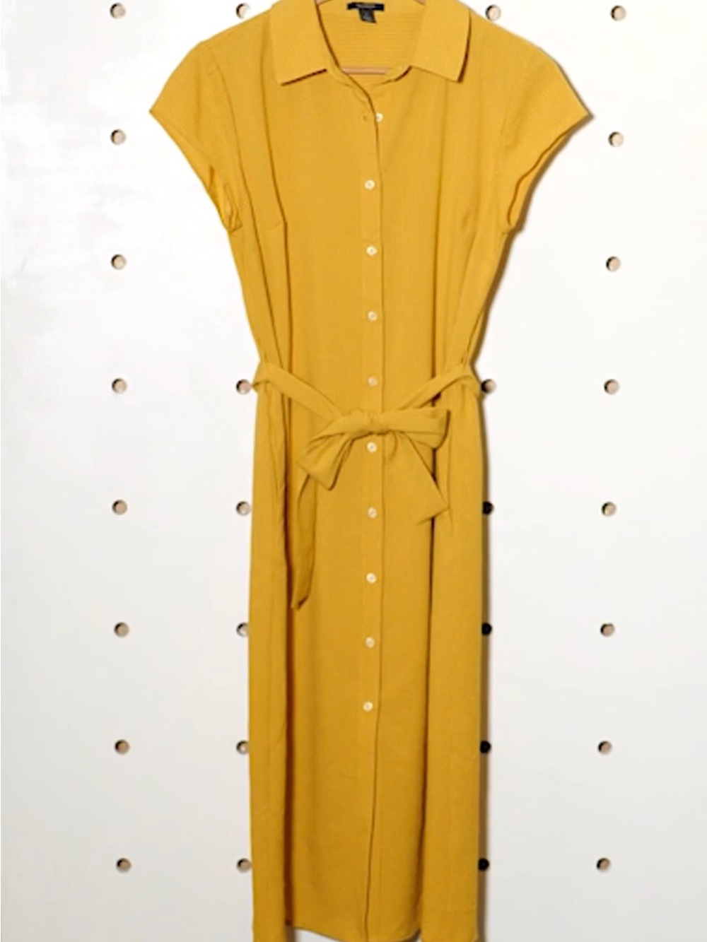 Nordstrom Textured Mustard Button-Front Shirt Dress with Self Tie Belt & Pockets